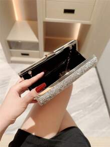One Shiny Rhinestone Encrusted Box-Shaped Evening Clutch Bag For Women, Elegant Luxury Formal Dress Mini Bag For Romantic Wedding, Bridal, Party, Prom, Chain Shoulder Bag Square Purse, Perfect For Party Wedding Prom Dinner/Banquet, Matching With Holiday Party Dress Evening Dress & Sequin Dress, Perfectly Matching With New Years Outfit, Excellently Matching With Party Dresses For Women, Tready Party Bags,Perfect For Party, Wedding, Prom, Dinner/Banquet, Perfectly Matching With Prom Accessories, Clutch Bag For Wedding - Silver - View 7