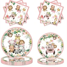 10pcs/20pcs Pink Safari Jungle Theme Party Supplies Forest Animal Safari Birthday Paper Plates Napkins Tableware Set Decorations Wild One Birthday Party Favors For 1st Birthday Table Decorations