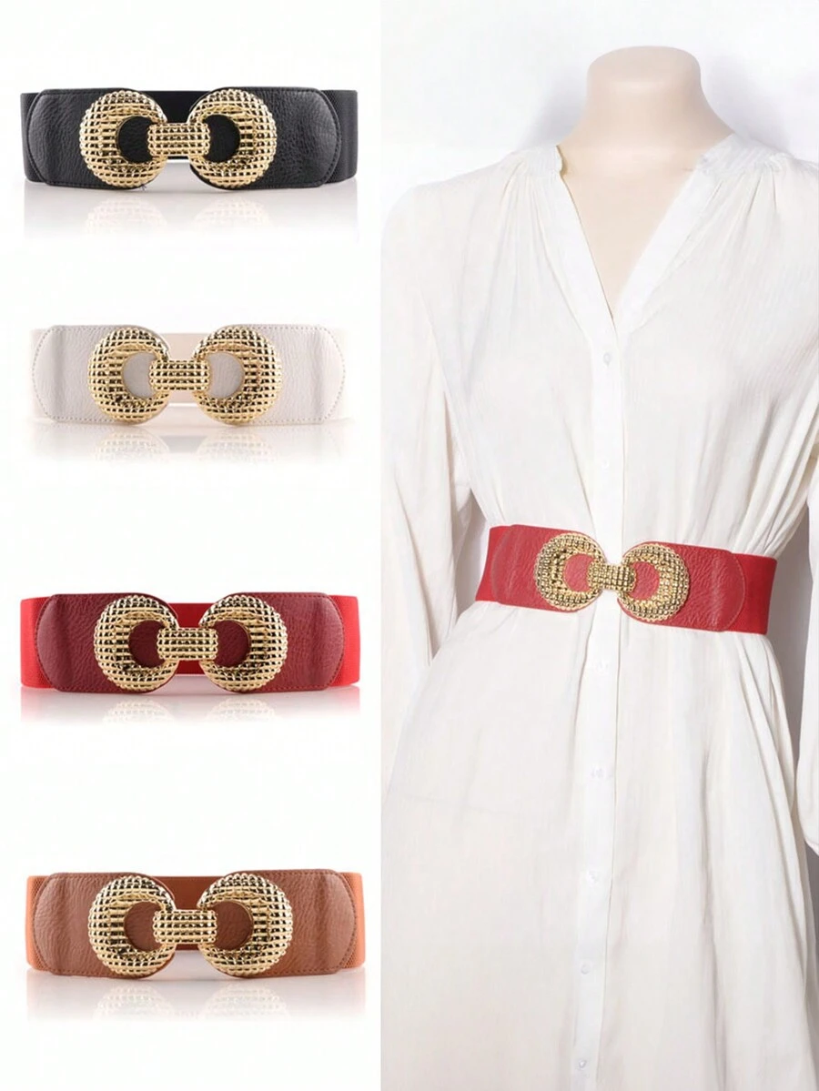 1pc 四季百搭优雅女士金色双环扣弹力腰带装饰性弹力宽腰带，适合腰围90cm以内。春夏可搭配衬衫、连衣裙，秋冬可搭配西装、外套。万圣节 - 金色雙環寬腰封 - 查看 1