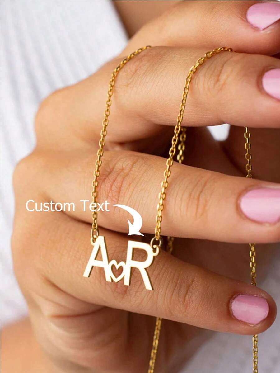 客製化姓名首字母項鍊，時尚空心心形不鏽鋼頸鍊，適用於女士男士情侶餘情系禮物，個性化情人節禮物 - 銀色 - 查看 1