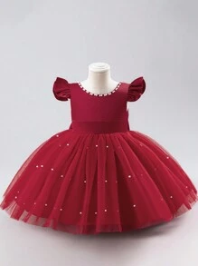 H HIBOBI Baby Girl Cap Sleeve Mesh & Pearl Beaded Bow Ornament Party Dress - Burgundy - View 2