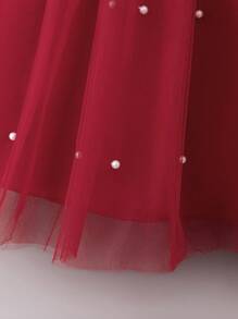 H HIBOBI Baby Girl Cap Sleeve Mesh & Pearl Beaded Bow Ornament Party Dress - Burgundy - View 5