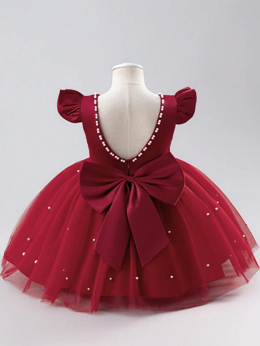 H HIBOBI Baby Girl Cap Sleeve Mesh & Pearl Beaded Bow Ornament Party Dress - Burgundy - View 1