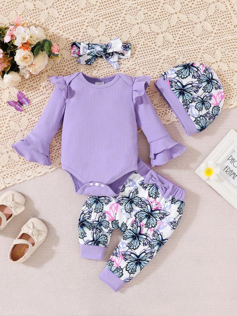 Baby Girl Purple Ribbed Flare Sleeve Bodysuit With Butterfly Patterned Long Pants Four Piece Set, Fall/Winter - Purple - View 1