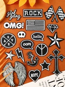 20 chiếc Trái tim kim loại màu đen và trắng, Ngôi sao năm cánh, Miếng dán vải có họa tiết kim cương, Đồ trang trí phong cách hoạt hình dễ thương cho quần áo, túi xách, giày dép, mũ, v.v. - Nhiều màu - Xem 3