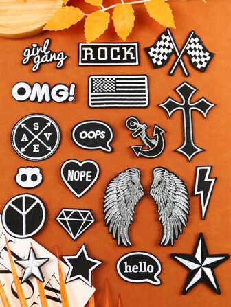 20pcs Black And White Metallic Heart, Pentagram, Diamond Patterned Fabric Stickers, Cute Cartoon Style Appliques For Clothes, Bags, Shoes, Hats, Etc.