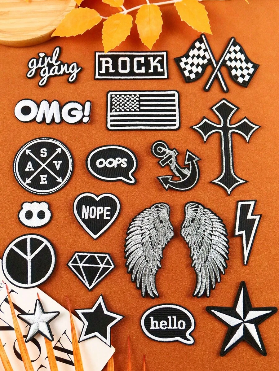 20 chiếc Trái tim kim loại màu đen và trắng, Ngôi sao năm cánh, Miếng dán vải có họa tiết kim cương, Đồ trang trí phong cách hoạt hình dễ thương cho quần áo, túi xách, giày dép, mũ, v.v.