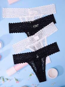 Conjunto de 4 tangas de encaje de leopardo para mujer, ropa interior sexy