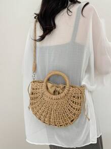 1个新月形镂空手提包，时尚沙滩度假草编包，夏季度假包，完美适用于沙滩度假、旅行、购物和度假必备品，吸睛夏季沙滩包，女士夏季草编沙滩包，最热门的女士沙滩包，时尚夏季度假包，女士度假必备沙滩包，最新款度假包，度假必备品，沙滩包，度假 - 卡其色 - 查看 7