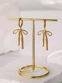 1 对不锈钢防水长金色蝴蝶结耳环，防褪色，适合女性日常佩戴情人节、妈妈、母亲、母亲节、礼物