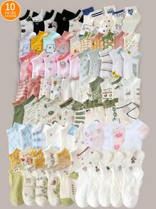 10pairs/Pack Random Cute Cartoon Animal & Strawberry Patterned Women Short Socks, Comfortable And Breathable