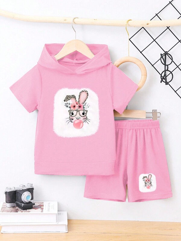 2pcs Girls' Summer Outfit Set, Including Cute Bunny Printed Shorts And Short Sleeve Hoodie, Suitable For Casual Wear And Sport Activities