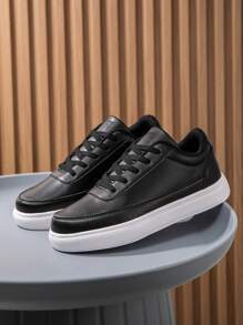 (Runs Small) Men's Black Simple Lace-Up Low-Top Casual Sneakers, Stylish & Romantic School Style Unisex Sporty Loafers - Black - View 11