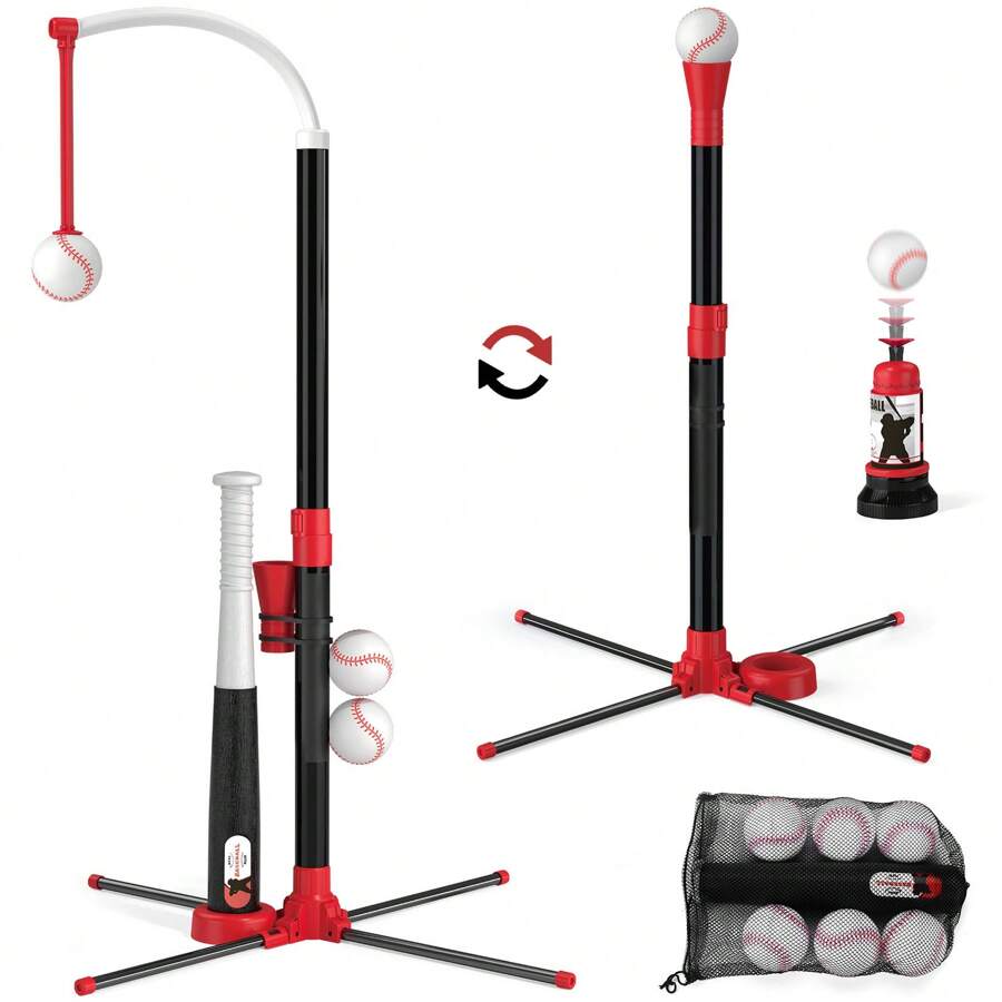 3 In 1 T Ball Set - Adjustable Height, Hanging Tee Ball Set With Automatic Pitching Machine/6 Balls/Retractable Bat, T Ball Stand Suit For Outdoor, Sport Toys Gifts For Kids Girls Age 3+
