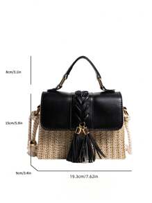 New Mini Fashionable Grass Woven Simple And Casual Solid Color Artistic Vacation Beach Bag, Versatile And Fashionable Small Square Bag, Handbag, Shoulder Bag, Crossbody Bag, Zero Wallet, Red Mouth Bag - 黑色 - 查看 2