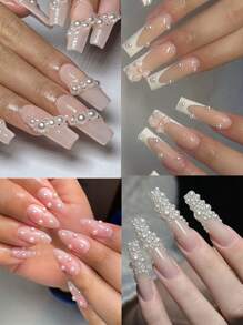 1盒白色珍珠美甲装饰品，扁平珍珠，水晶水钻，鱼子酱珍珠3D吊坠美甲饰品DIY配件，适用于按压式美甲，美甲用品，美甲宝石 - 白色 - 查看 3