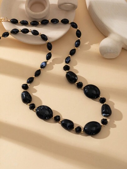 Asymmetrical Beaded Black Necklace, Minimalist Elegant Choker Necklace, Hip-Hop Style