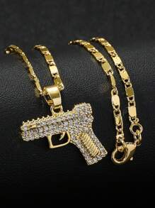 1入金色男士嘻哈風格槍型吊墜項鍊，鑲有立方氧化鋯，適合日常佩戴 - 金黃色 - 查看 1