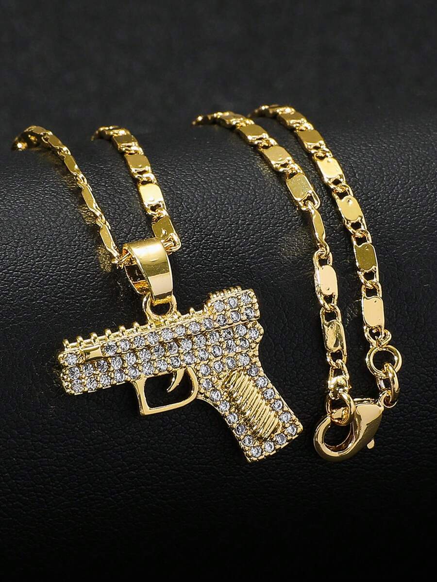 1入金色男士嘻哈風格槍型吊墜項鍊，鑲有立方氧化鋯，適合日常佩戴 - 金黃色 - 查看 1