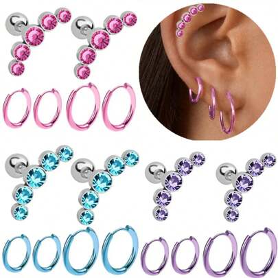 6pcs Fashion Novelty Stainless Steel Cyrstal Tragus Stud Earrings Set For Women Girls,Helix Cartilage Huggie Hoops Earring Circle Ear Piercing Jewelry Suitable For Daily Parties And Holiday Wearing