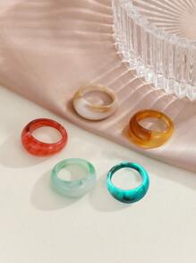 5pcs Vacation-Style Colorful Resin Jade-Like Rings Set, Suitable For Ladies' Daily And Vacation Wear - 彩色 - 查看 2