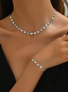 2pcs Stainless Steel Butterfly Chain Necklace And Bracelet Jewelry Set, Retro Fashion Style - Butterfly - View 2