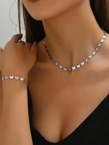 2pcs Stainless Steel Butterfly Chain Necklace And Bracelet Jewelry Set, Retro Fashion Style - Butterfly - View 7