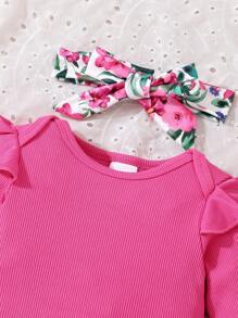 Korallenfarbener Langarm-Bodysuit für Baby Mädchen mit geripptem Muster für Herbst/Winter, zusammen mit langen Hosen mit Blumenmuster