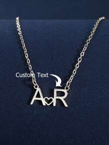 客製化姓名首字母項鍊，時尚空心心形不鏽鋼頸鍊，適用於女士男士情侶餘情系禮物，個性化情人節禮物 - 銀色 - 查看 2