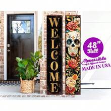 48in Welcome Sign | Dia De Los Muertos Sugar Skull Porch Sign | Vintage Day Of The Dead Decoration | Reversible Entryway Porch Decor - Nhiều màu - Xem 3