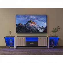 TV Console With Large Storage Cabinets  Biplane Shape Design LED TV Stand With Remote Control  Multiple Modes Changing Lights Modern Entertainment Center With Power Cord  Black