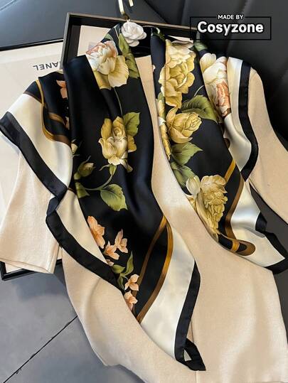 1pc Elegant Floral Print 90cm Square Scarf, Women's Bandana Suitable For Casual And Fashionable Street Outings, Can Be Used As Headband, Neck Scarf, Shawl For Outdoor Wind Protection And Sunshade, Great For Accessorizing Your Outfit