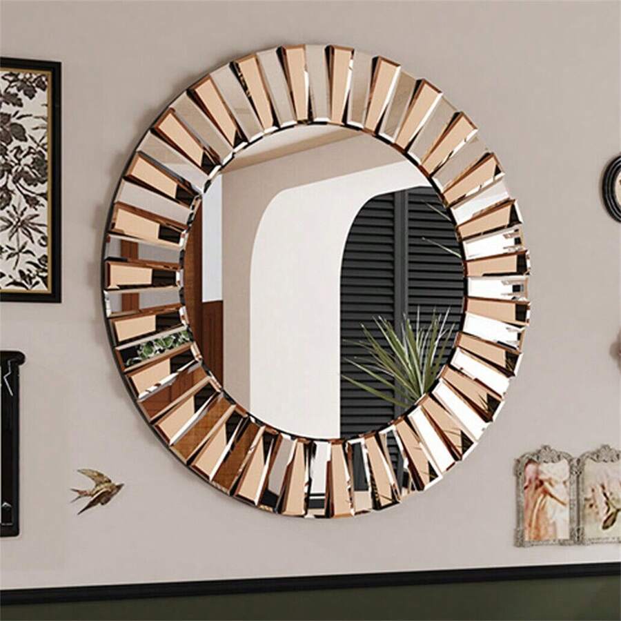 LUVODI 24" 32" Round Wall Mirror Decorative Silver Glass Vanity With Beveled Crystal Bling Sunburst Frame Edge For Livingroom Bathroom Diningroom Bedroom - 棕色 - 查看 1