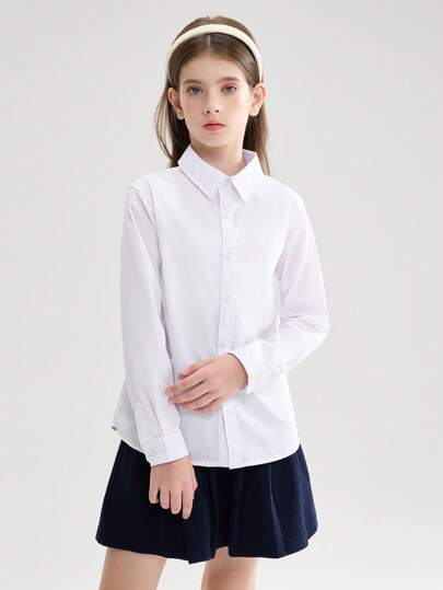 SOLOCOTE Camisa blanca formal de unicolor con bolsillo en el pecho para niñas preadolescentes
