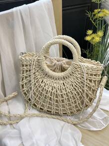 1 件半圆形镂空手提包 - 时尚海滩度假草编包，夏季度假包，度假必需品，非常适合旅行、度假、度假和海滩 - 米色 - 查看 2
