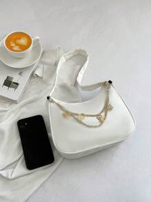 Bolso de hombro de nailon blanco impermeable, bolso versátil minimalista de diseño exquisito con cadena metálica de mariposa, práctico para el uso diario y las compras