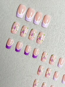 24 peças Médias Unhas Quadradas Clássicas Roxo Francês, Uvas Roxas Brancas Frescas e Fofas e Flores Pequenas e Fofas, adequadas para decoração de unhas femininas + 1 Gel Jelly + 1 Barra de Polimento - Multicolorido - Visão 4