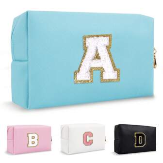 Personalized Initial Letter Patch Makeup Bag, Preppy Small Chenille Letter Cosmetic Bag With Zipper, PU Leather Waterproof Travel Toiletry Bag Monogram Make Up Pouch For Women Girls Makeup Bags Makeup Organizer Make Up Organizer Makeup Storage