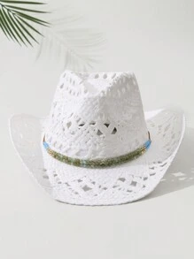 1pc Unisex Parel Decor Cowboyhoed Holle Gedrukt Cowgirl Hoed Lente Zomer Reizen Schaduw Strandhoed Strohoed Casual Zonnehoed