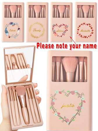 5 st Anpassat namn Kvinnor Sminkborstefodral med spegel Kosmetisk borstsats organiseringsset Bärbar borstlåda Förvaringshållare med namn Customiz Personligt DIY-mönster Resetillbehör Vattentät behållare Pulver Nos Foundation Eye Smudge Shadow Borste För Pocket Handväska Plånbok