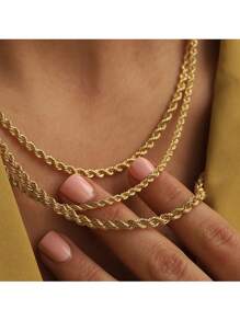 1條18K黃金電鍍扭繩鍊，男女適用，不銹鋼嘻哈龐克風格頸鏈