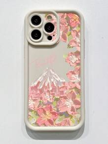 花朵手机壳 1 件装 简约粉色花卉油画字母山峦图案 陶瓷粉镜面加固防摔保护壳 兼容苹果/红米/Infinix/vivo/Oppo，国际版，非国内版 - 米色 - 查看 3