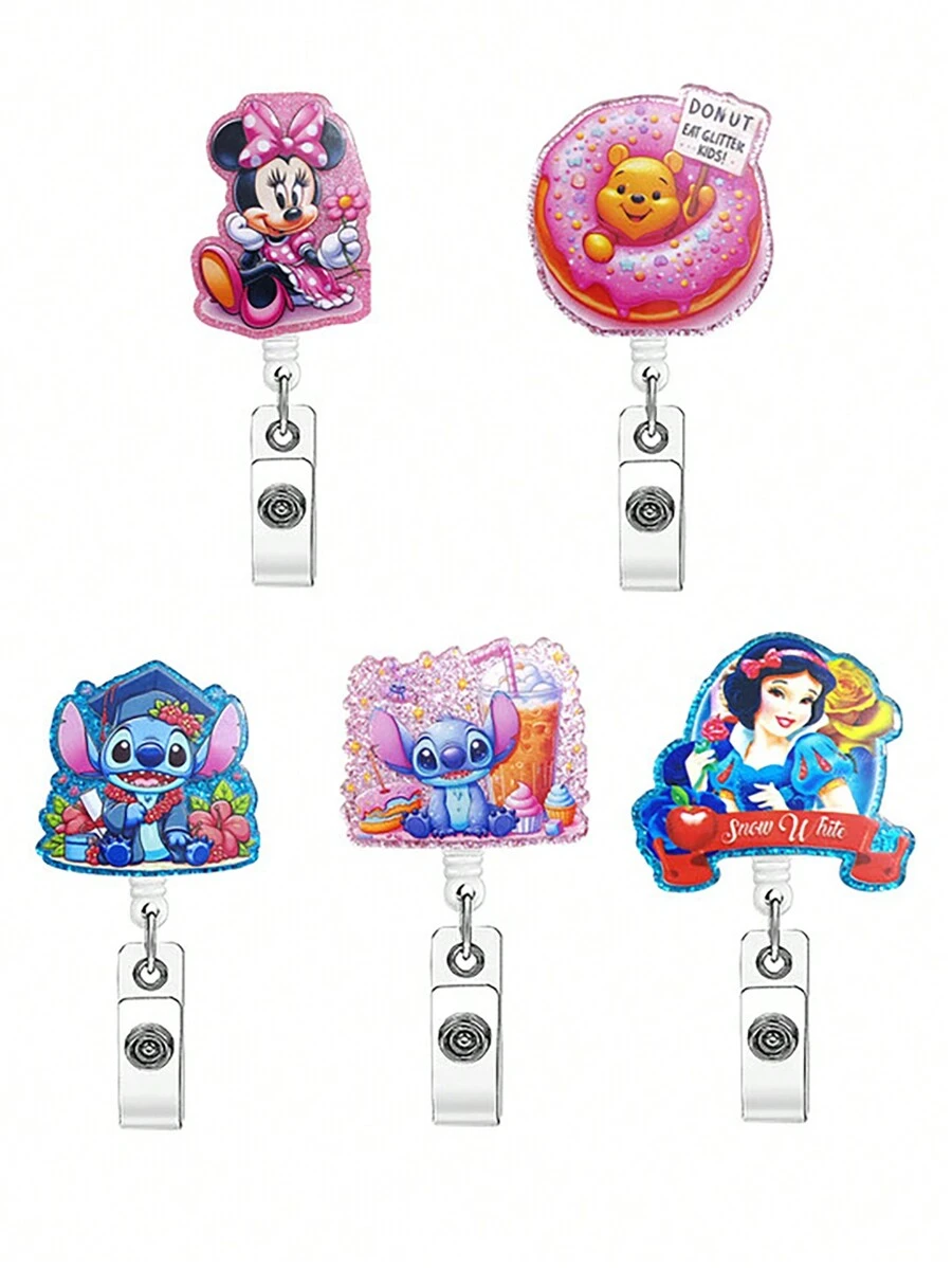 1pc Cartoon, Stitch, Retractable Badge Reel, Acrylic Name Badge Holder For Nurses, Office Workers - Multicolor - View 1