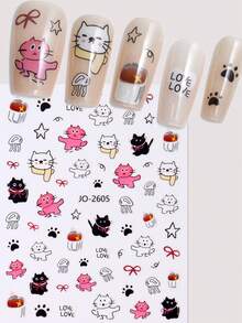 FULL BEAUTY 2入組卡哇伊黑白塗鴉貓狗多彩蝴蝶結指甲貼紙，卡通可愛的休閒動物腳印草莓星雲指甲貼花設計自粘滑動式美甲貼紙DIY迷人裝飾指甲用品女孩禮物