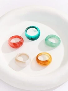 5pcs Vacation-Style Colorful Resin Jade-Like Rings Set, Suitable For Ladies' Daily And Vacation Wear - 彩色 - 查看 3