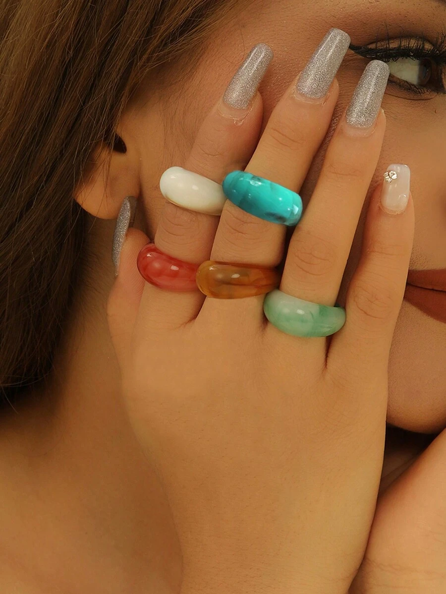 5pcs Vacation-Style Colorful Resin Jade-Like Rings Set, Suitable For Ladies' Daily And Vacation Wear - 彩色 - 查看 1