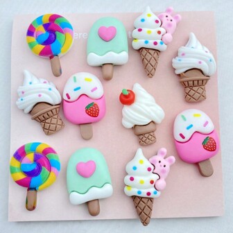 6pcs Random Mixed Color Resin 3D Cute Cartoon Ice Cream & Lollipop, Popsicle Series Flatback Cabochon Sculpture For DIY Jewelry Making Pendant, Cartoon Bow Decoration Accessory, Arts & Crafts