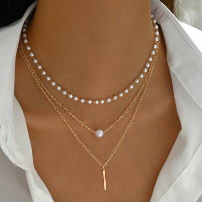 1 chiếc vòng cổ thời trang tối giản bằng kim loại nhiều lớp và ngọc trai giả (Độ dài dây chuyền cắt thủ công, Số lượng ngọc trai thay đổi, Kích thước pha lê thay đổi)