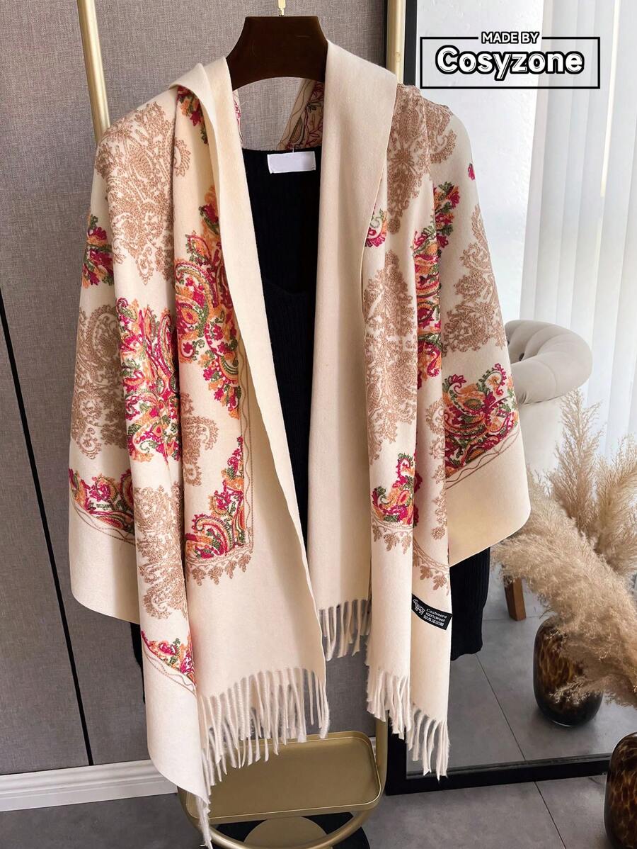 Boho 1pc Women Autumn Winter Embroidered Scarf Faux Cashmere Wrap Thick Warm Tassel Bohemian Style Travel Shawl Cape Accessories Women - Beige - View 1