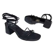 Sandalia Zapatilla Tacón Tiras Gladiador Punta Semi Cuadrada - Negro - Ver 5